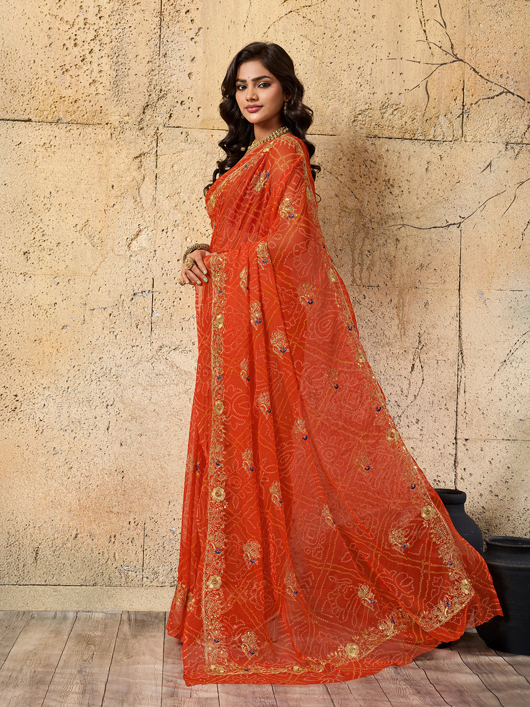 Tanmira latest Royal Bandhani Georgette Saree With Golden Embellishments Work JAY