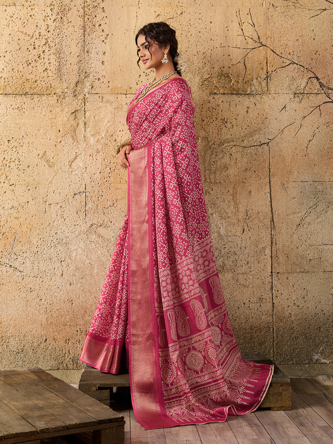 Tanmira New Special Cotton silk Ajrakh style With Ajrakh HandPrint Work Saree STL