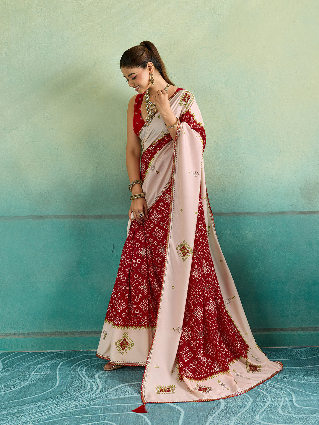 Tanmira New Ajrakh Style Creap Silk Saree with Stone Work Saree STR