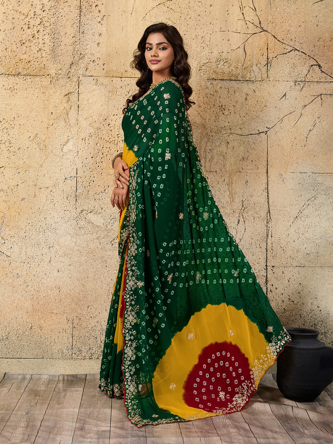 Tanmira Festive Wear Georgette Bandhani Saree with Beautiful Peturn Embellishment SWA