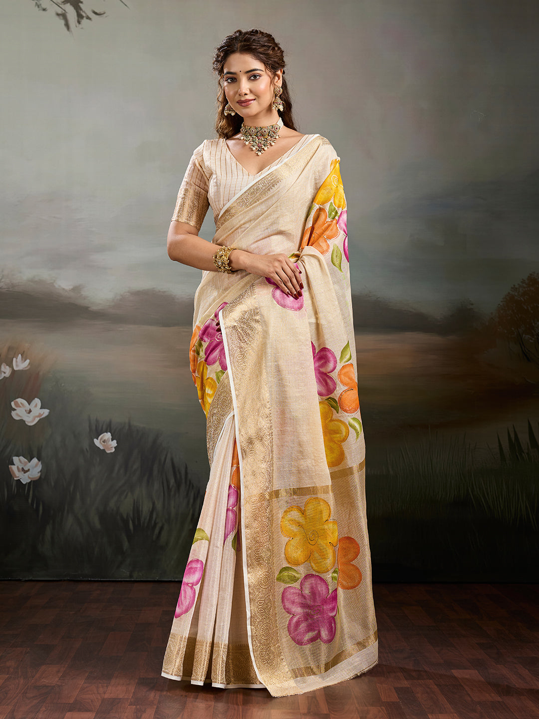 Tanmira Premium Tissue Foil Print Saree with Matching Blouse Piece SWA