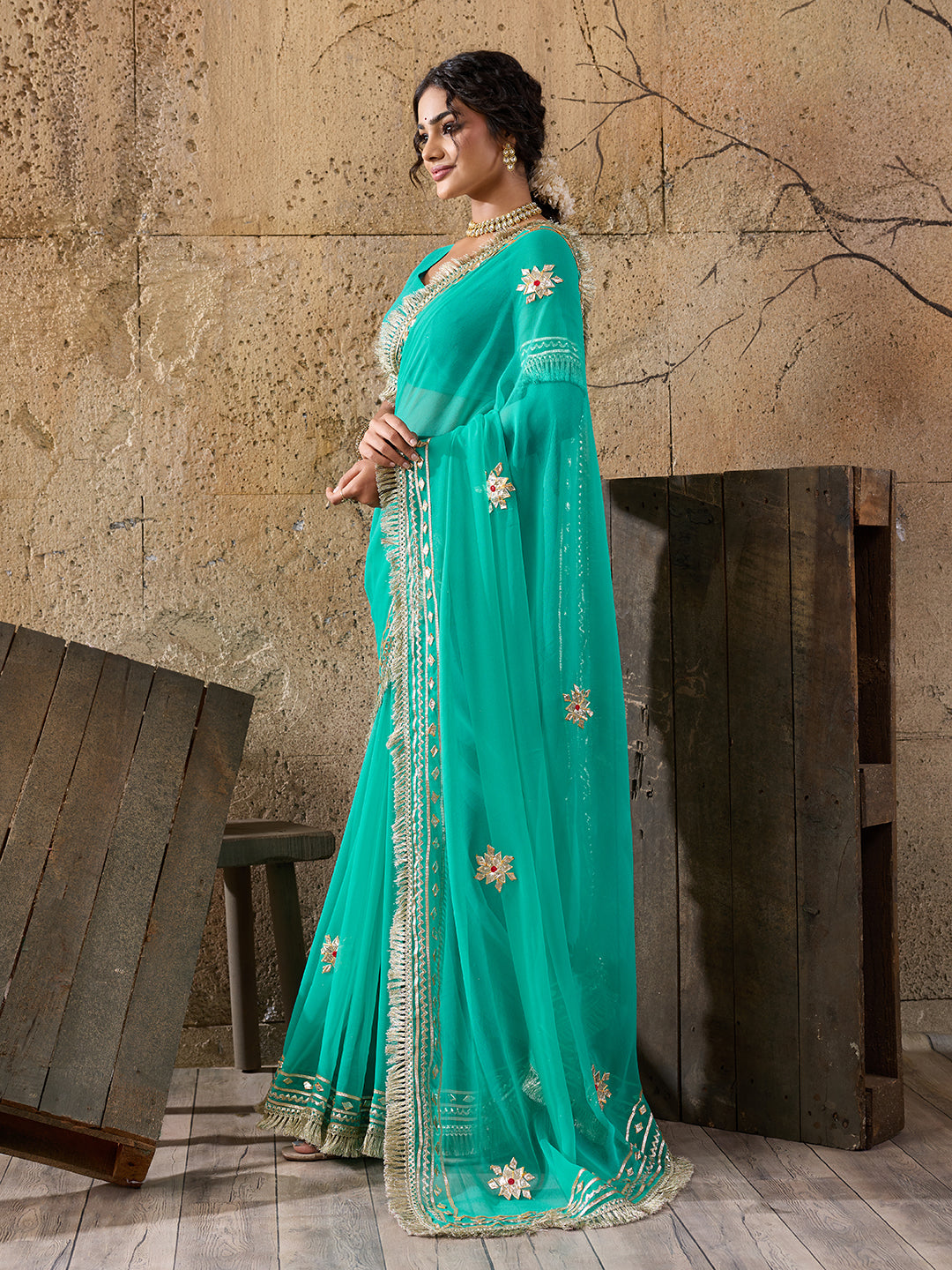 Tanmira New Pure Georgette Kacha Gotapatti Crafted Saree Ethnic Traditional Look MHS