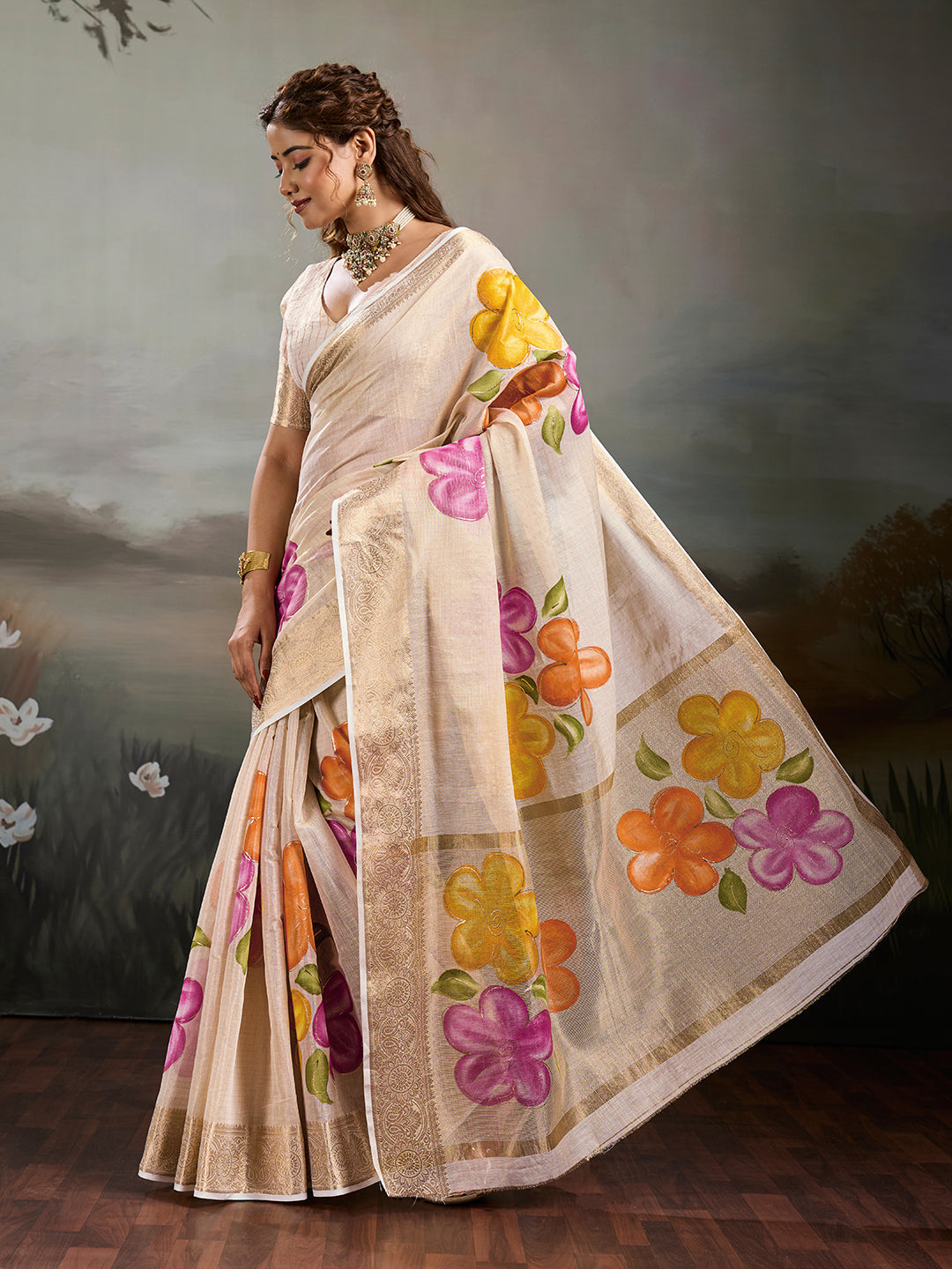 Tanmira Premium Tissue Foil Print Saree with Matching Blouse Piece SWA