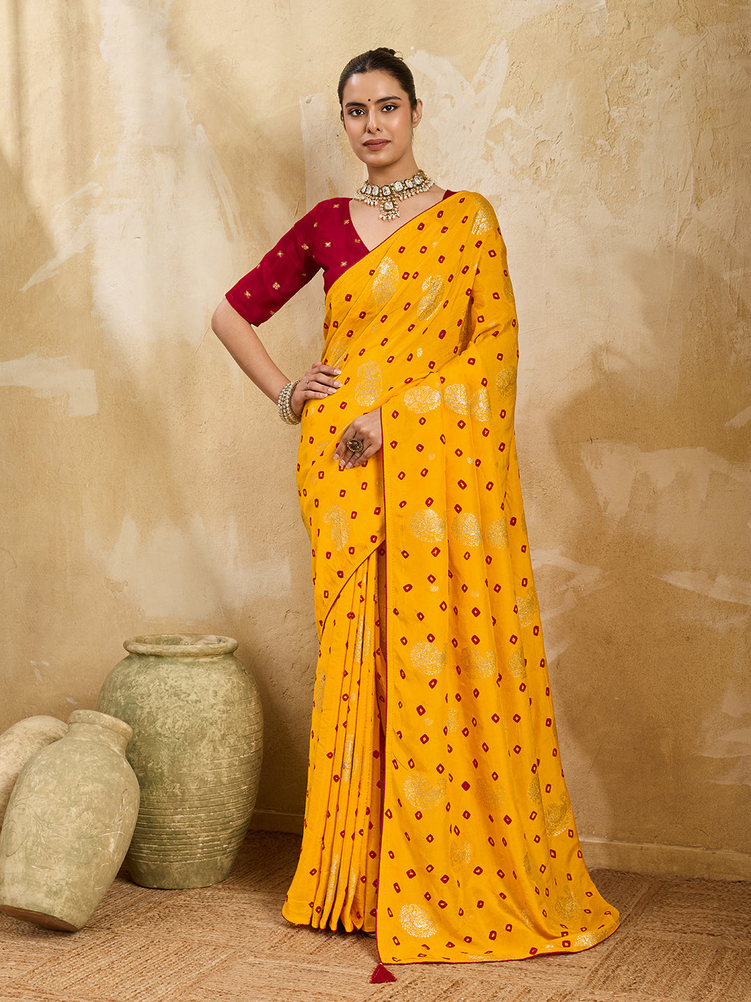 Buy Dola Silk Bandhani Saree with Elegant Zari Border Tanmira