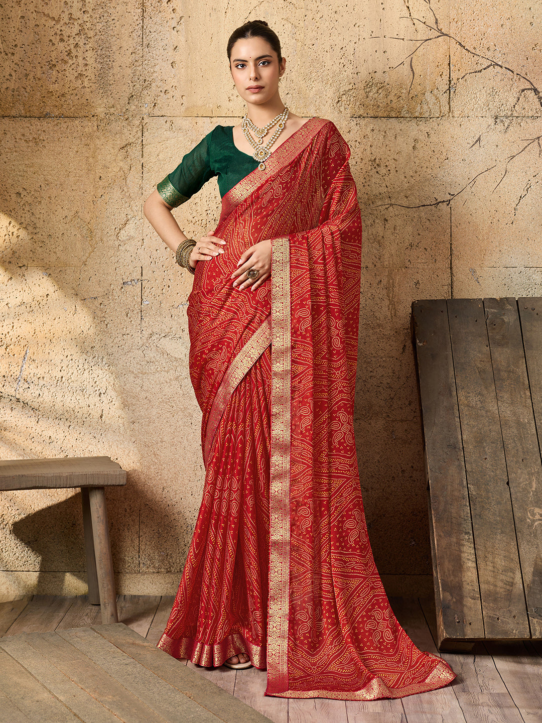 Tanmira Beautiful Moss Chiffon Georgette Bandhani Sarees Red KDM
