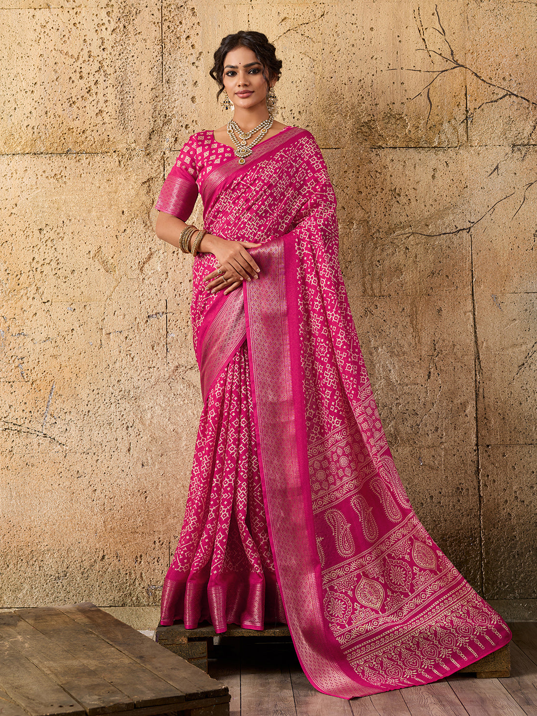 Tanmira New Cotton silk Ajrakh style With Ajrakh HandPrint Work Saree STL