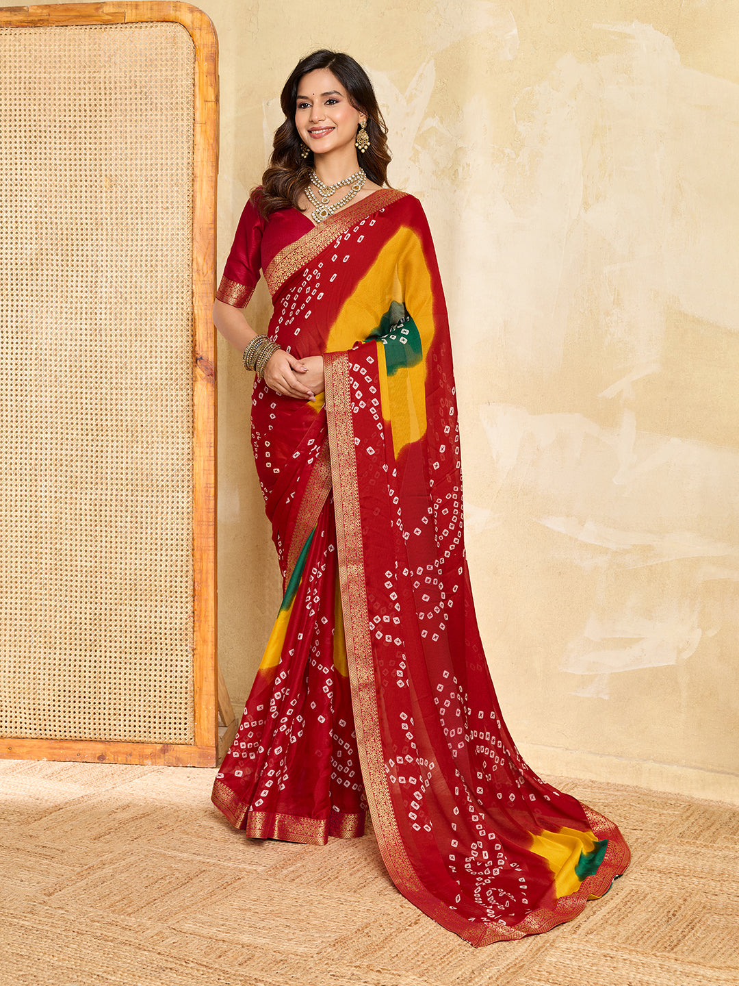 Tanmira New Moss Chiffon Georgette Bandhani Style Saree with Zari Border KDN