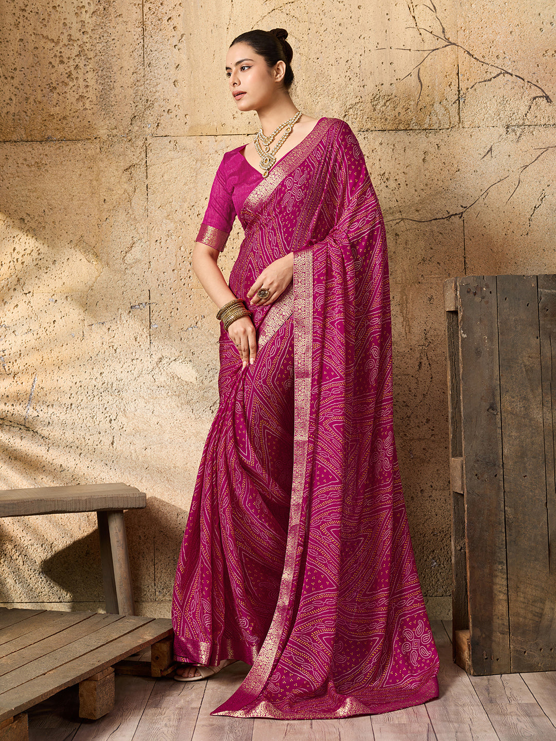 Tanmira Beautiful Moss Chiffon Georgette Bandhani Sarees Rani