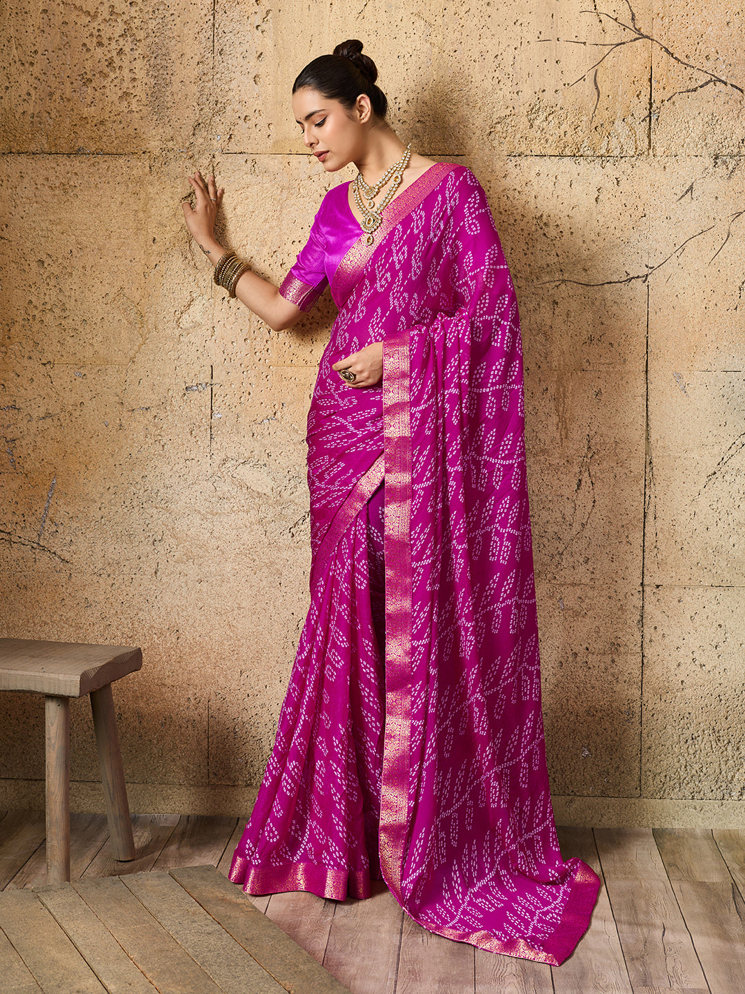 Tanmira New Stylish Casual Moss Chiffon Bandhani Saree KDN
