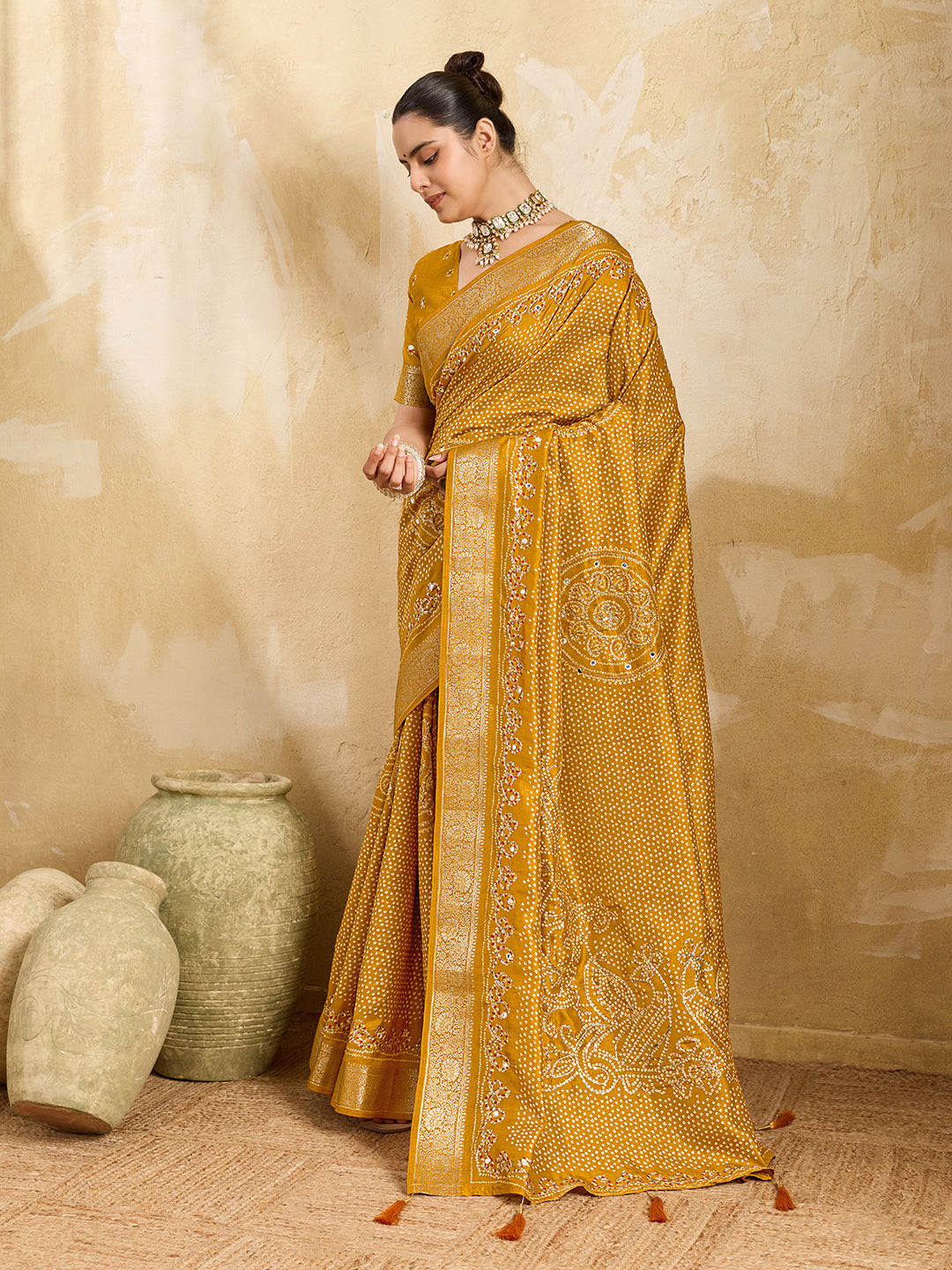 Tanmira New Viscos Silk Bandhani Print Gotapatti Aaritari work Saree Green GAN