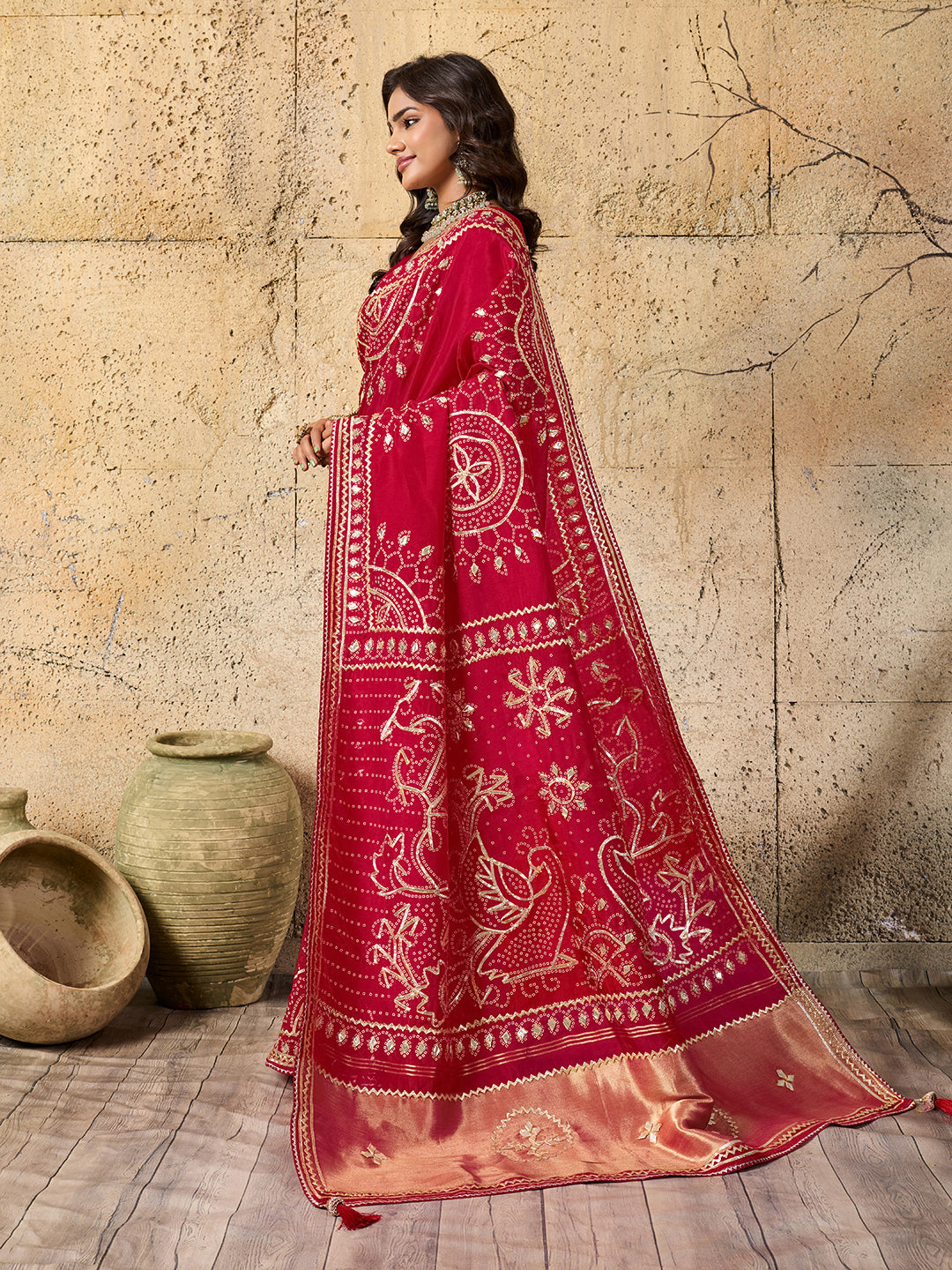 Tanmira Royal Bandhani with Kachha Gota Patti Glow Modal Silk Saree VK