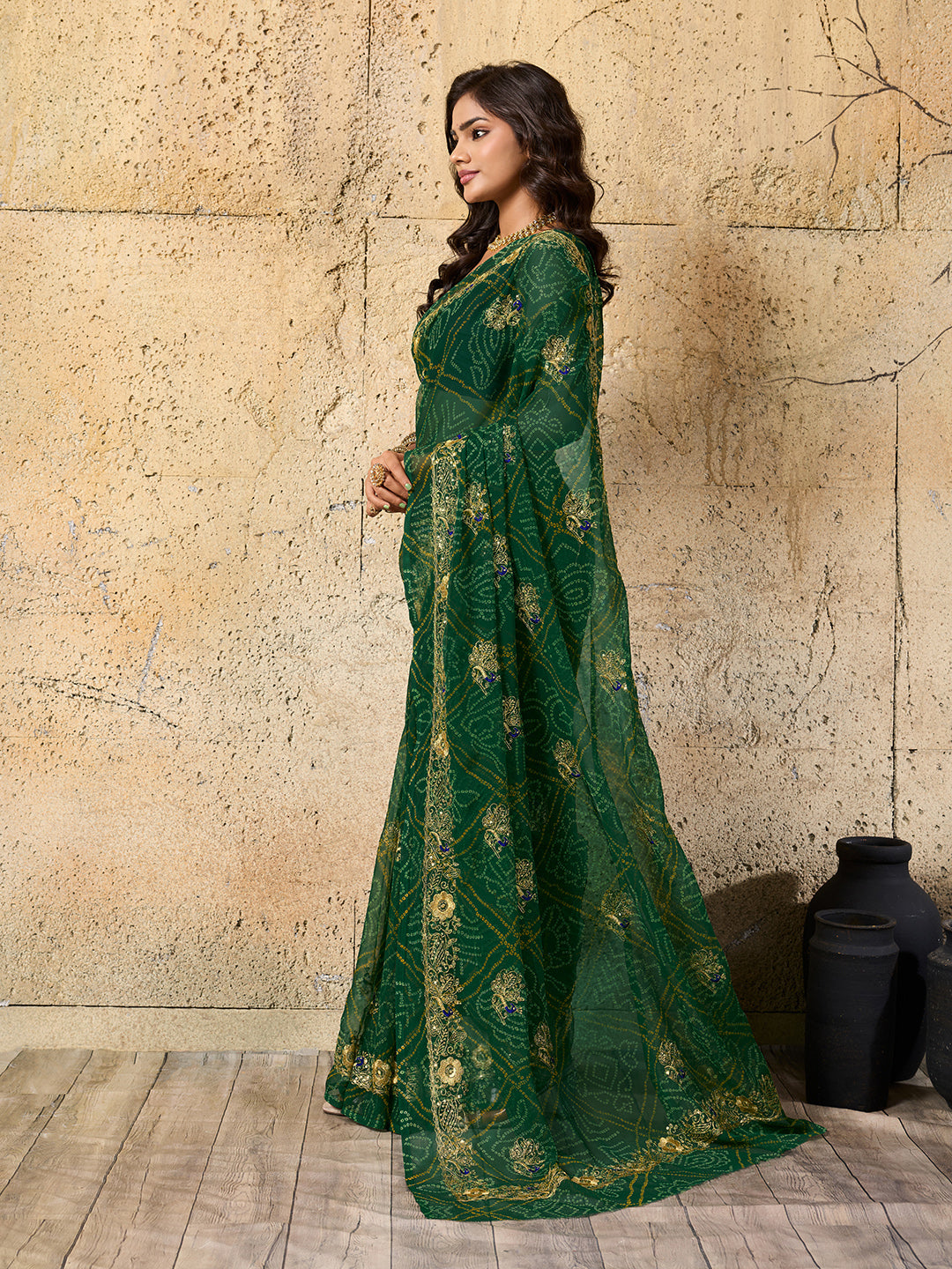 Tanmira latest Royal Bandhani Georgette Saree With Golden Embellishments JAY