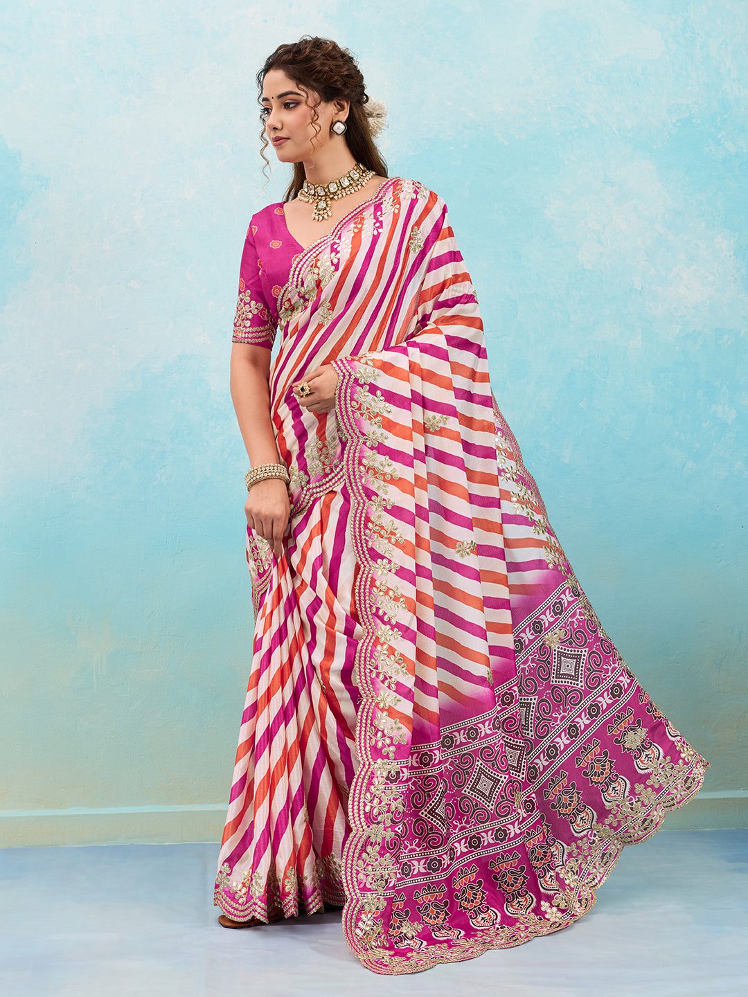 Tanmira New Leheriya Chinon Silk Saree with Gotapatti Work Festive Collection ASH