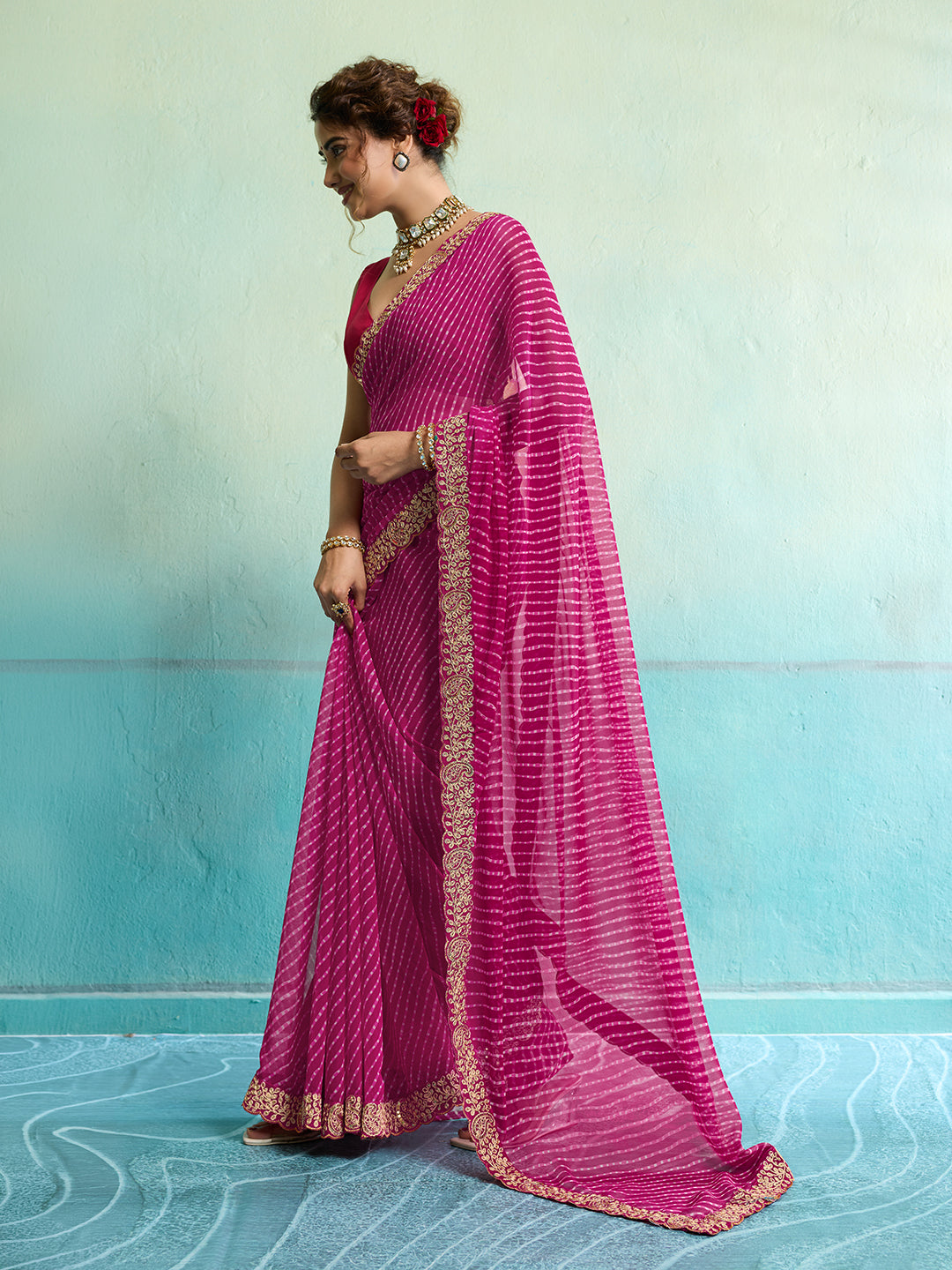 Tanmira New Launch Chiffon Leheriya Style With Embroidery Border Work Saree STL