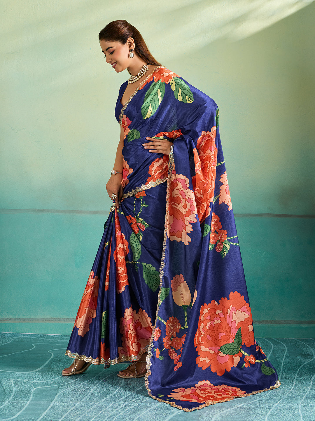 Tanmira Chinon Crape Floral Print Gotapatti Cutwork Border Sarees sana Navy Blue