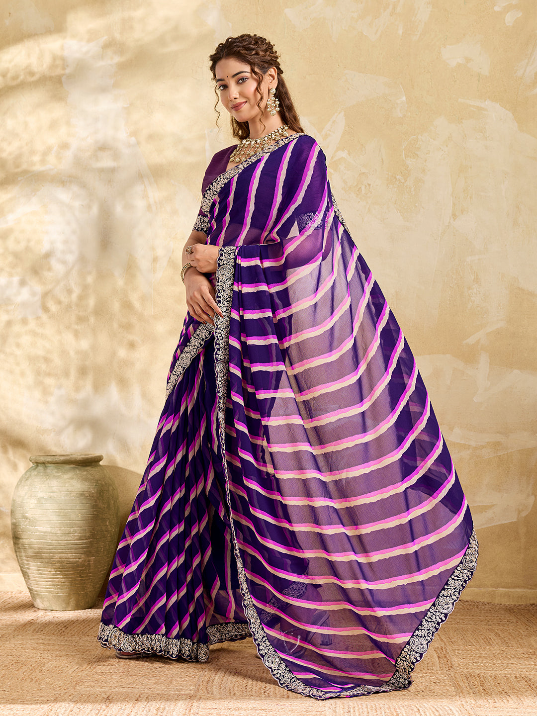 Tanmira New Chiffon Leheriya Style With Embroidery Border Work Saree STL
