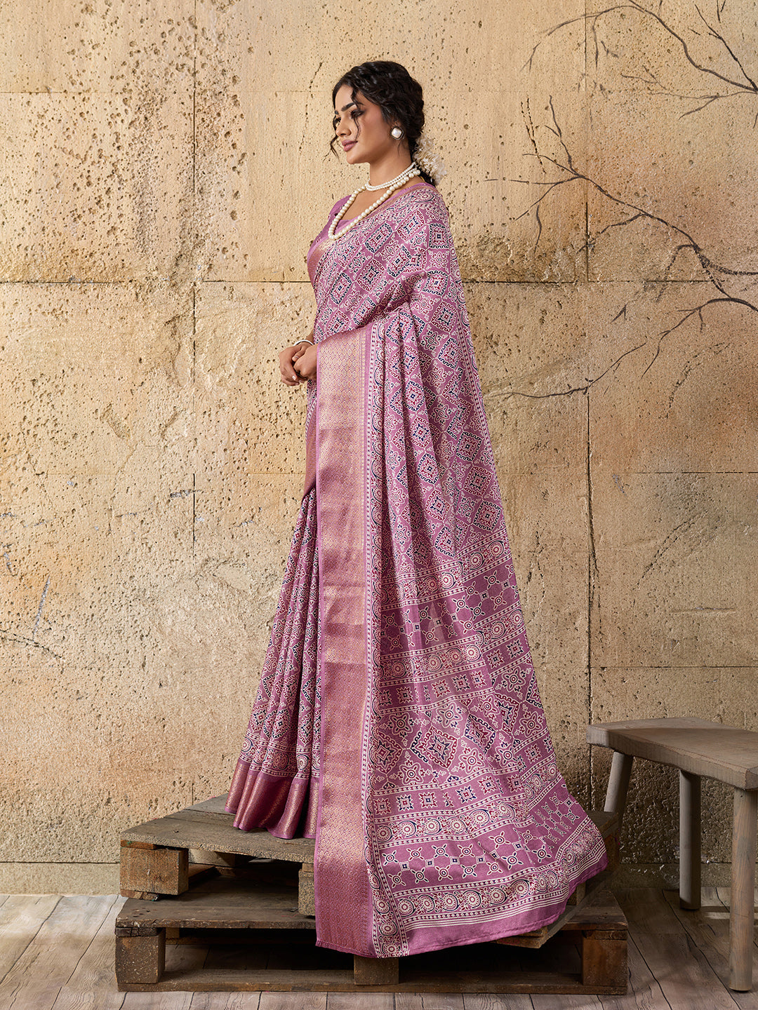 Tanmira Beautiful Cotton silk Ajrakh style With Ajrakh HandPrint Work Saree STL