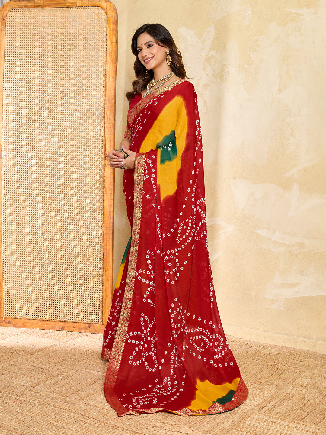 Tanmira New Moss Chiffon Georgette Bandhani Style Saree with Zari Border KDN