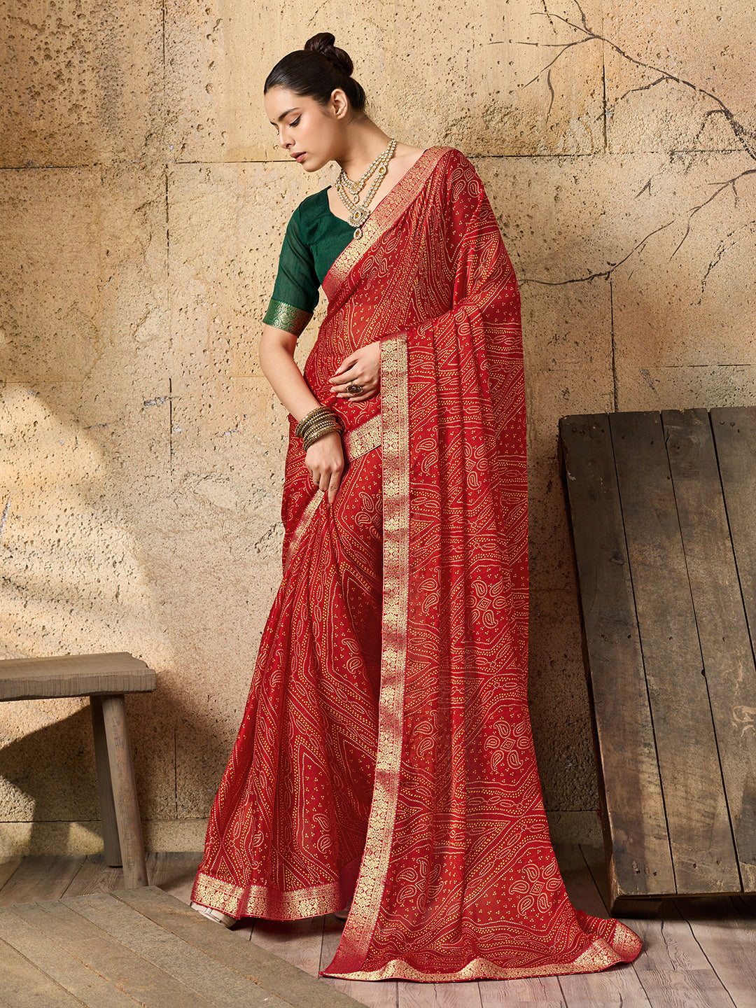 Tanmira Beautiful Moss Chiffon Georgette Bandhani Sarees Red KDM