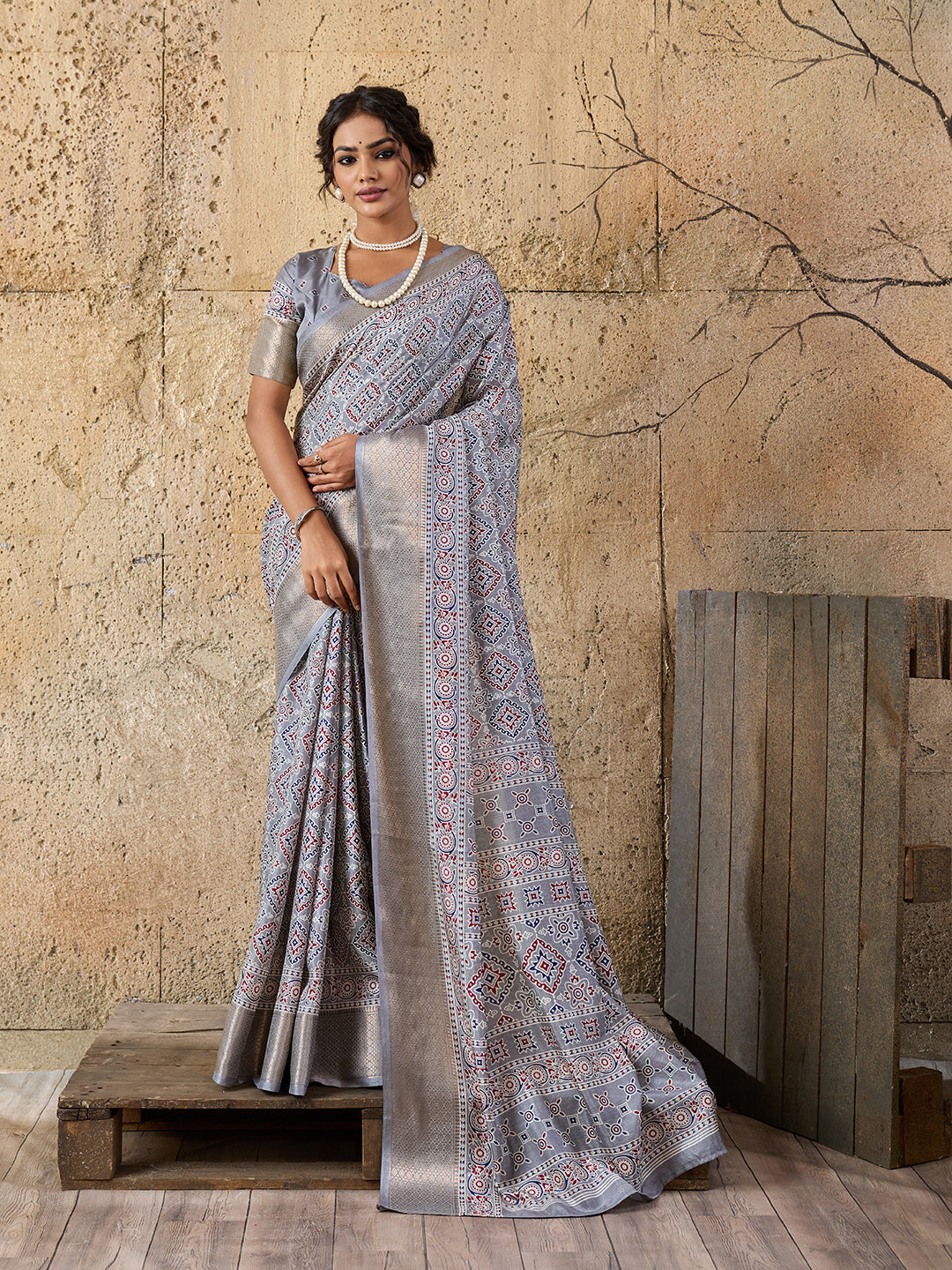 Tanmira New Cotton silk Ajrakh style With Ajrakh HandPrint Work Saree STL