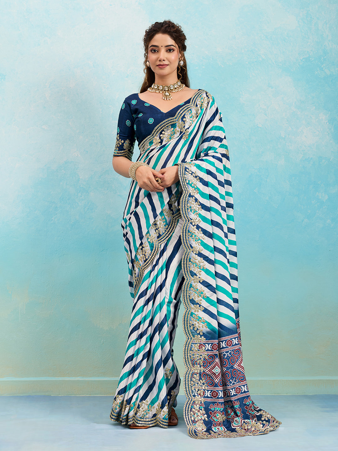 Tanmira New Elegant Chinon Silk Leheriya Saree with Gotapatti Border ASH