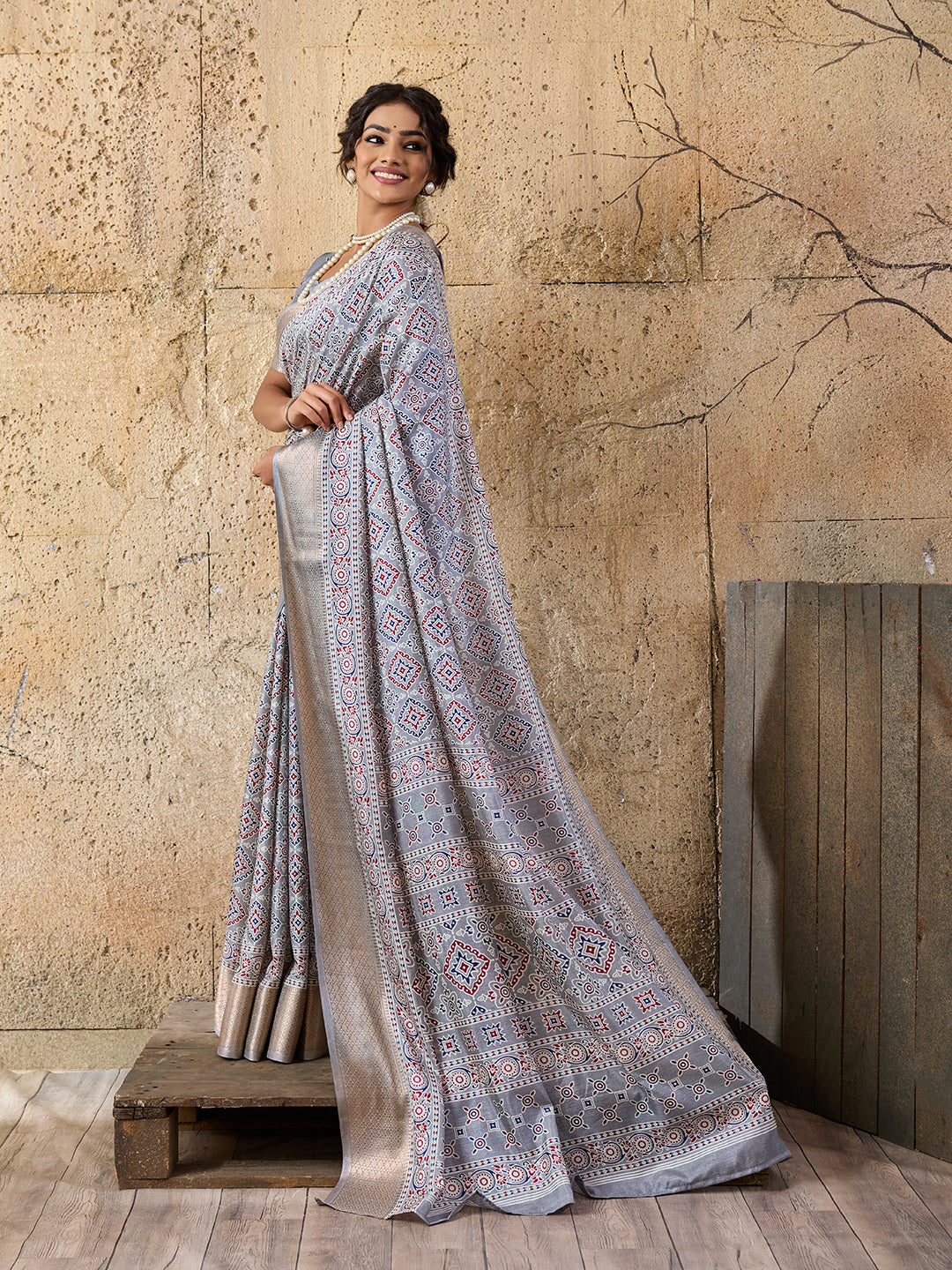 Tanmira New Cotton silk Ajrakh style With Ajrakh HandPrint Work Saree STL