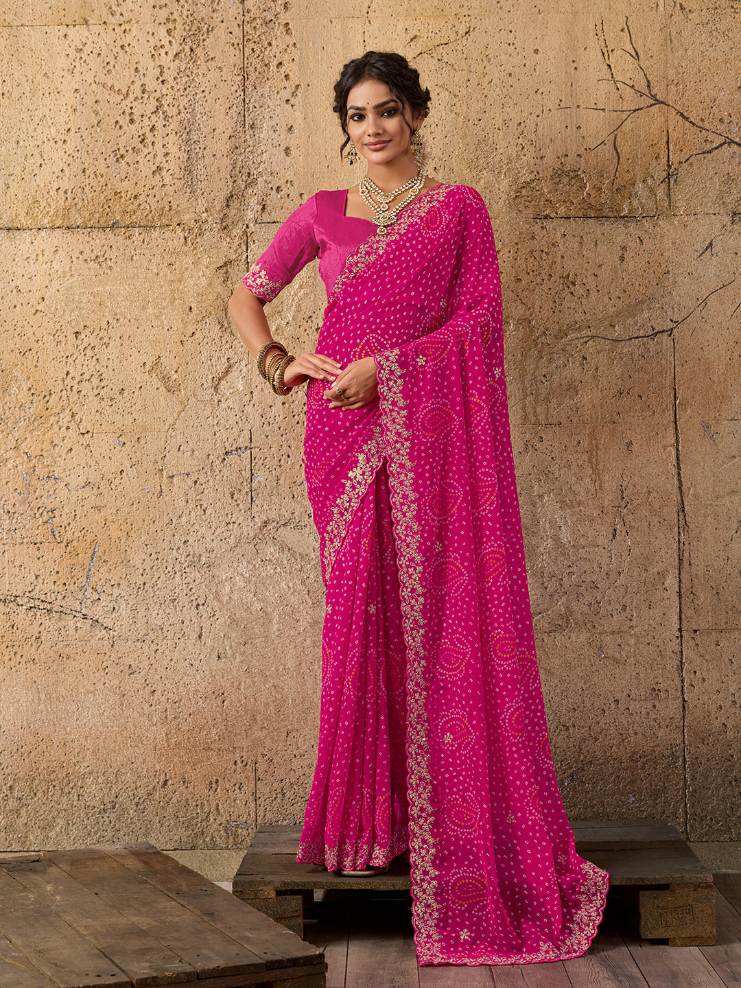 Tanmira Launching New Pure Mos Chiffon Hand Pitta Aari Work Bandhani Saree SWA