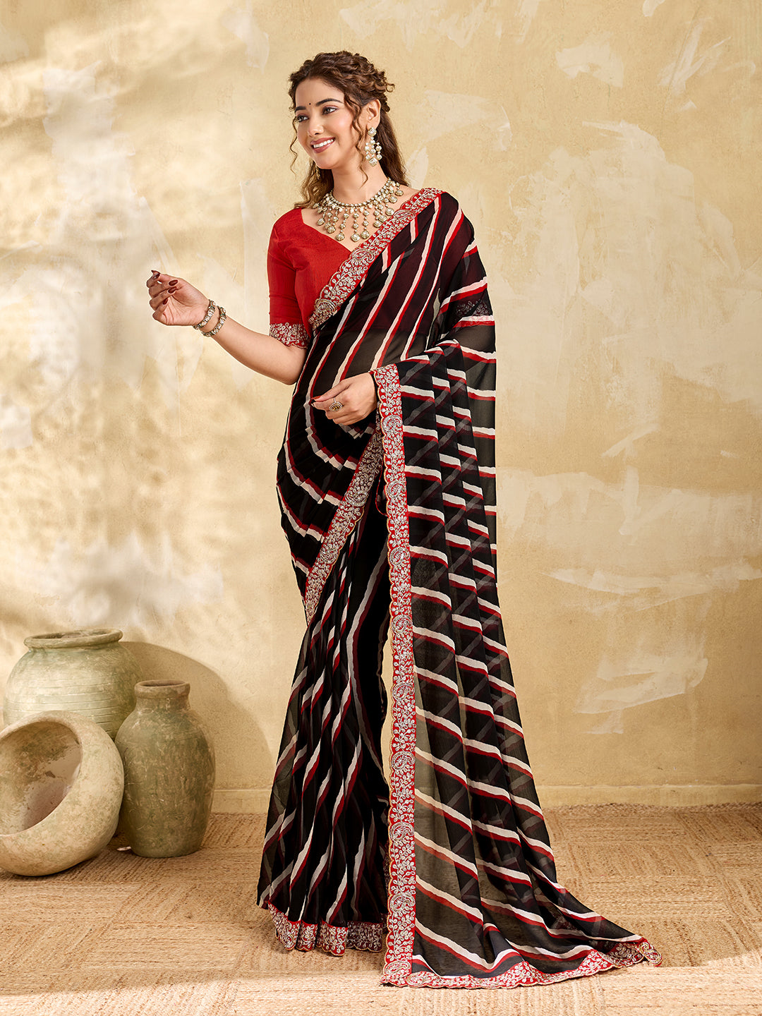 Tanmira New Launch Chiffon Leheriya Style With Embroidery Border Work Saree STL