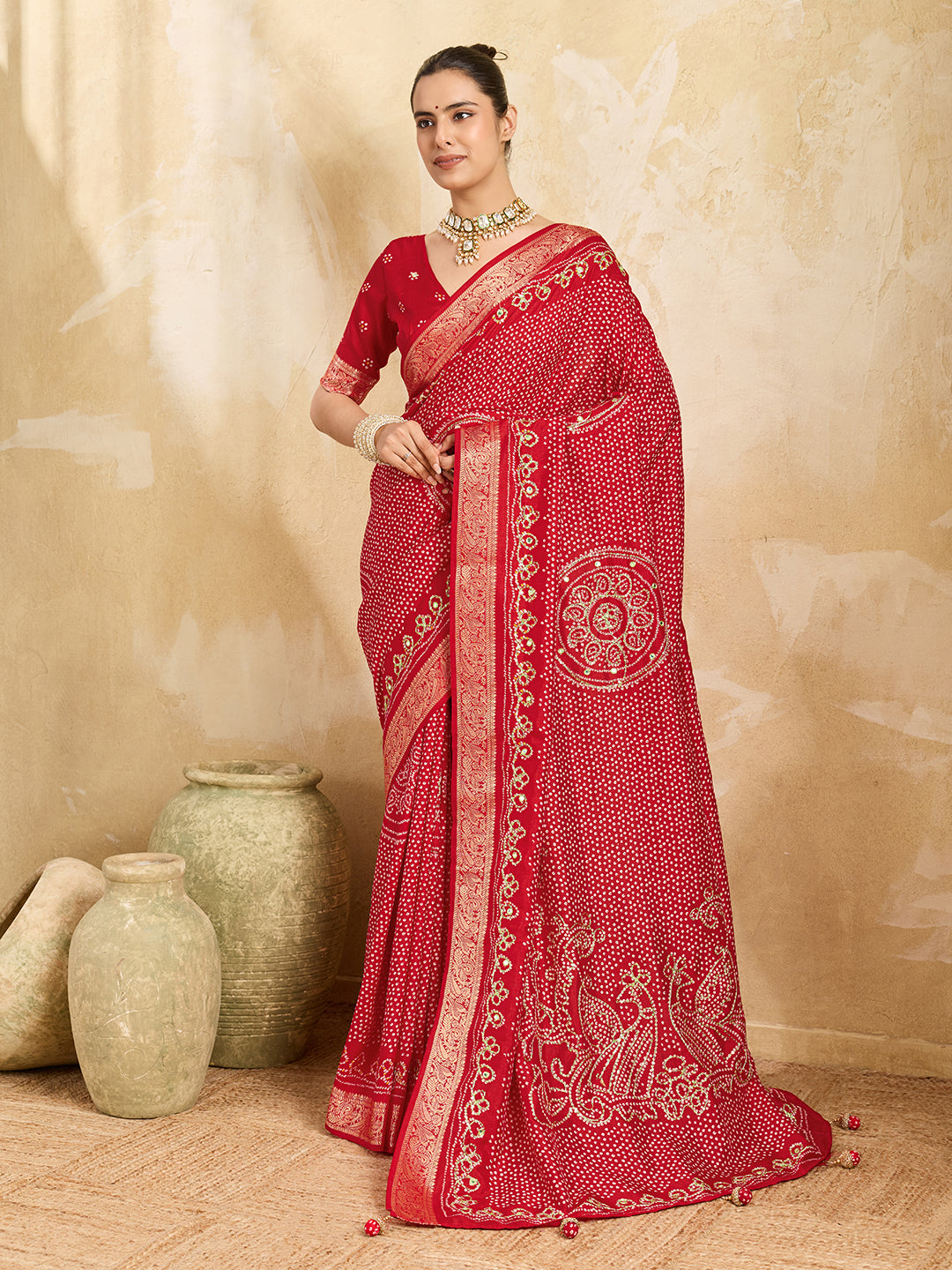 Tanmira Designer Viscos Silk Bandhani Print Gotapatti Aaritari work Saree Red GAN
