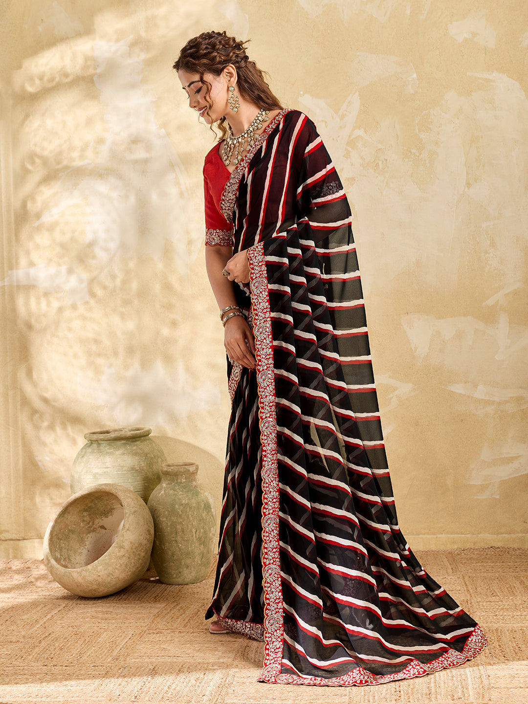 Tanmira New Launch Chiffon Leheriya Style With Embroidery Border Work Saree STL