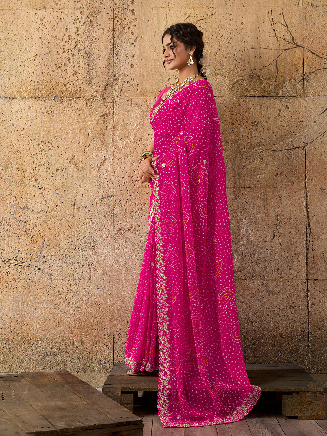Tanmira Launching New Pure Mos Chiffon Hand Pitta Aari Work Bandhani Saree SWA