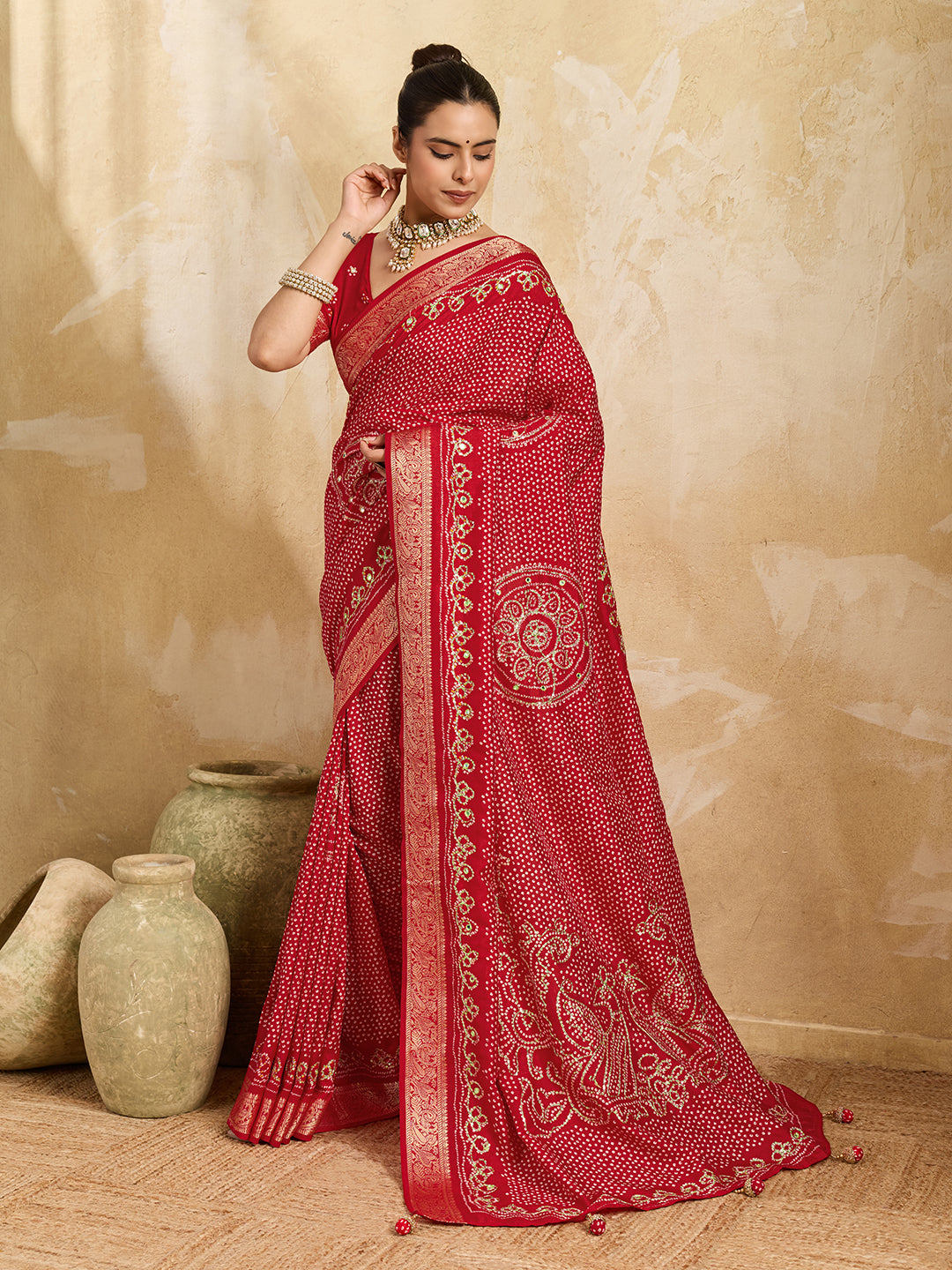 Tanmira Designer Viscos Silk Bandhani Print Gotapatti Aaritari work Saree Red GAN