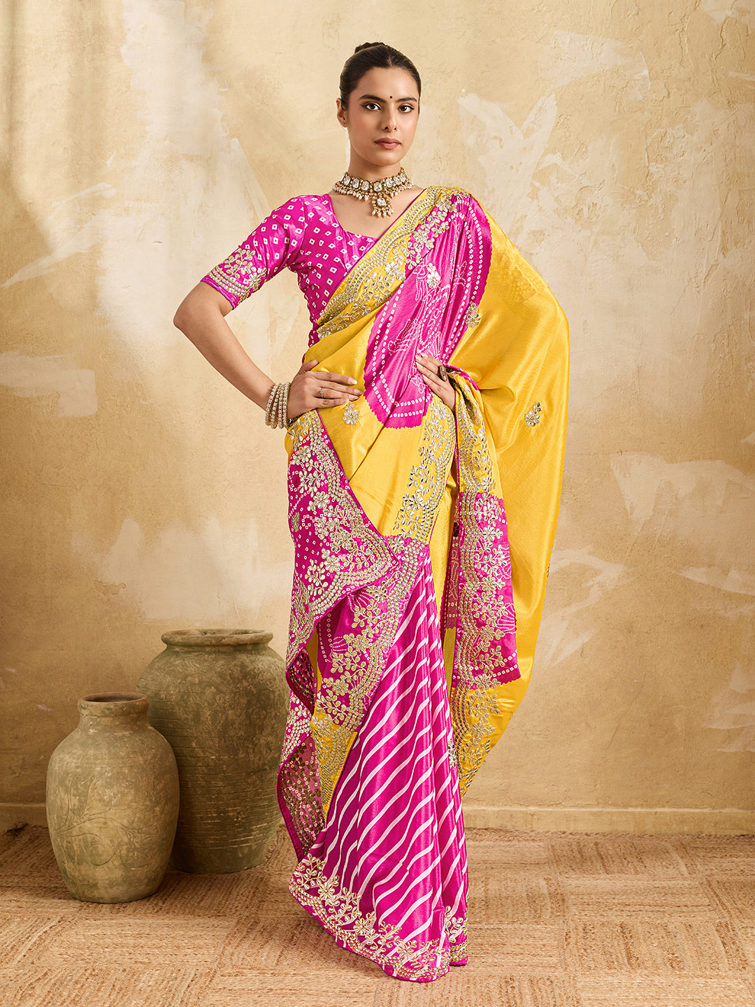 Tanmira New HO silk Bandhani Style With Gotapatti Work Saree ASH