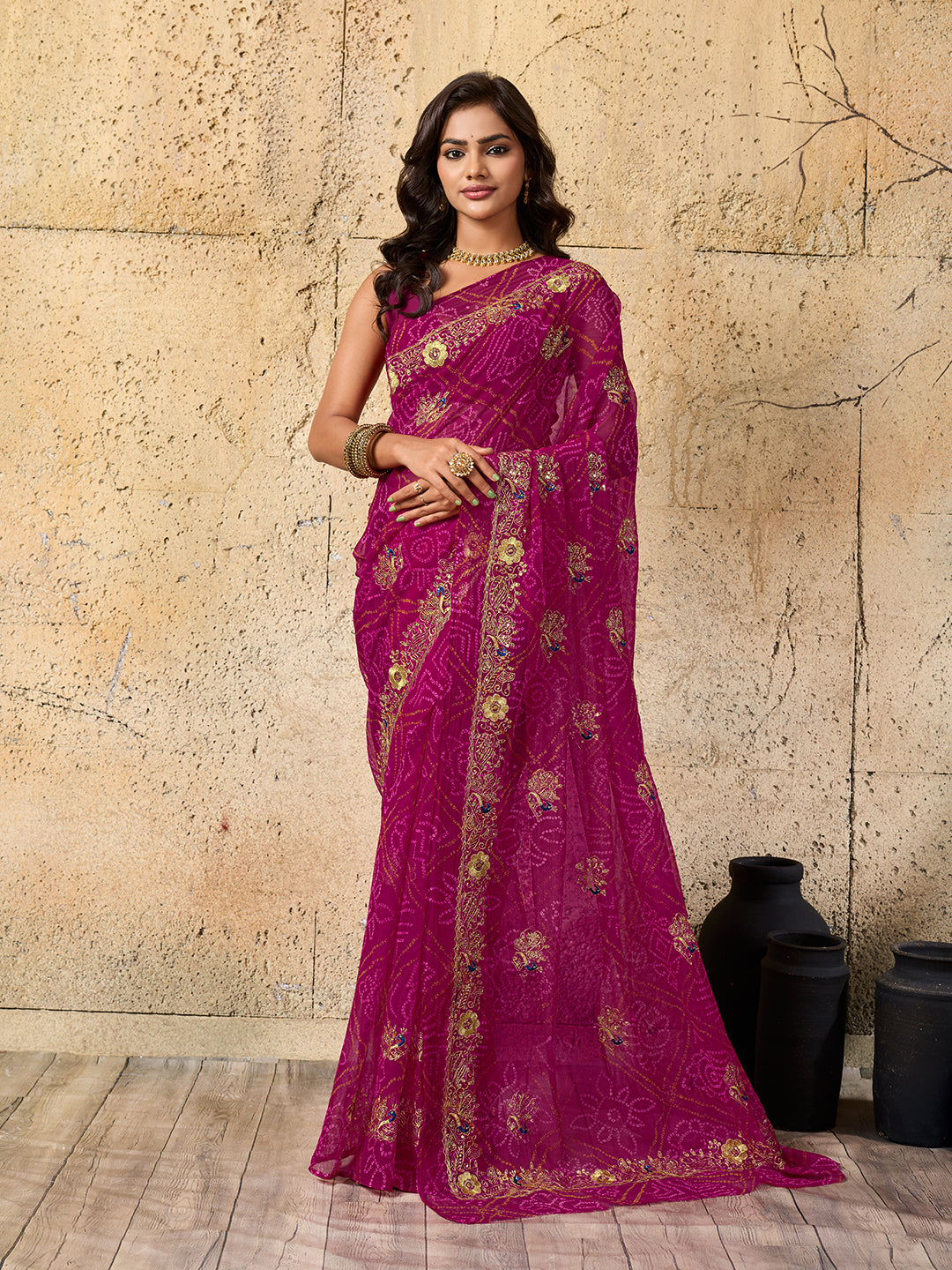 Tanmira latest Royal Pink Bandhani Georgette Saree with Golden Embellishments JAY