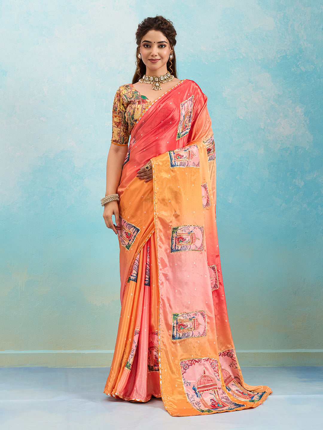 Tanmira New Premium Chinon Silk Saree in Kalamkari Style with Gota Detailing GAN