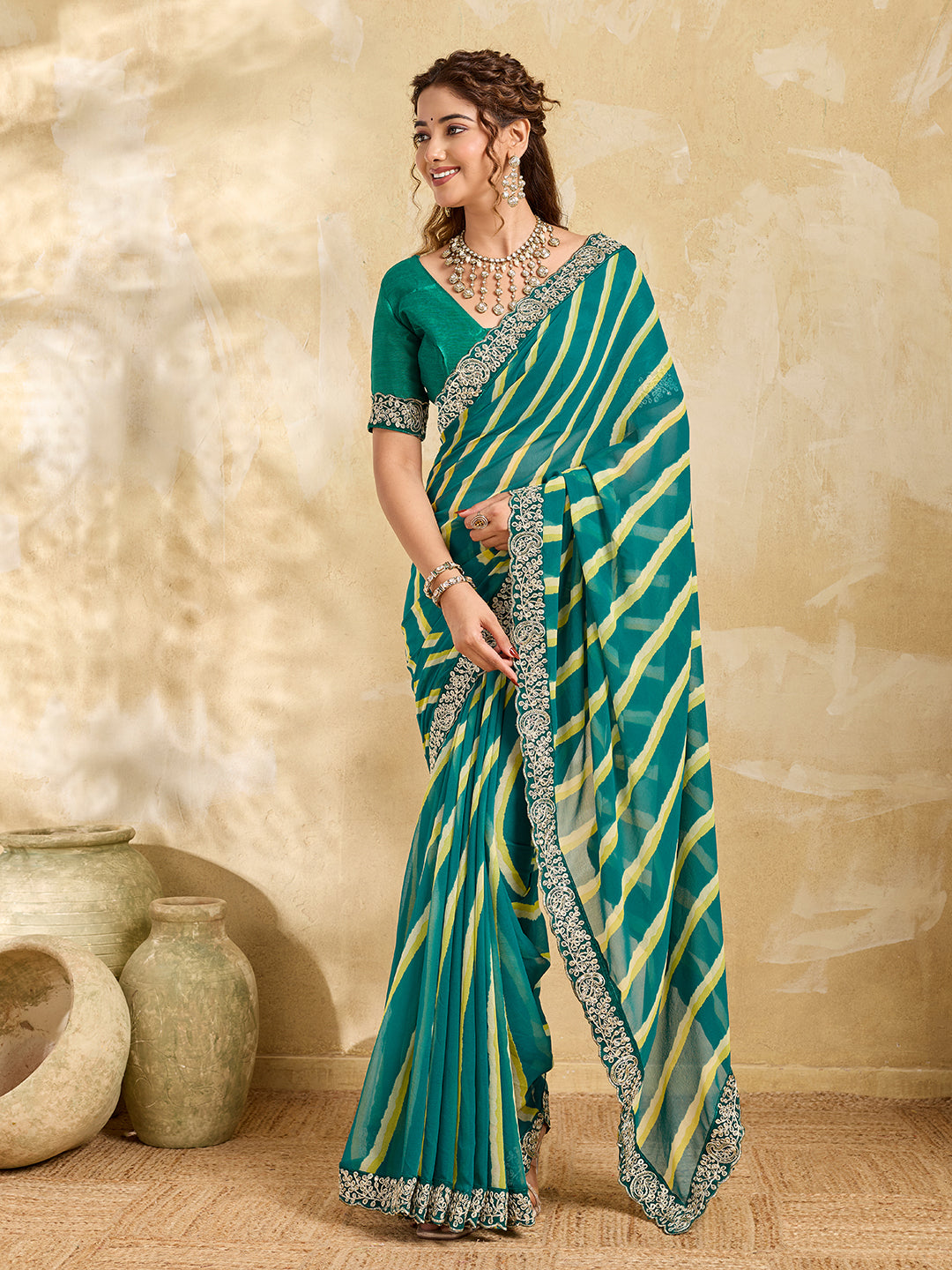 Tanmira New Beautiful Chiffon Leheriya Style With Embroidery Border Work Saree STL