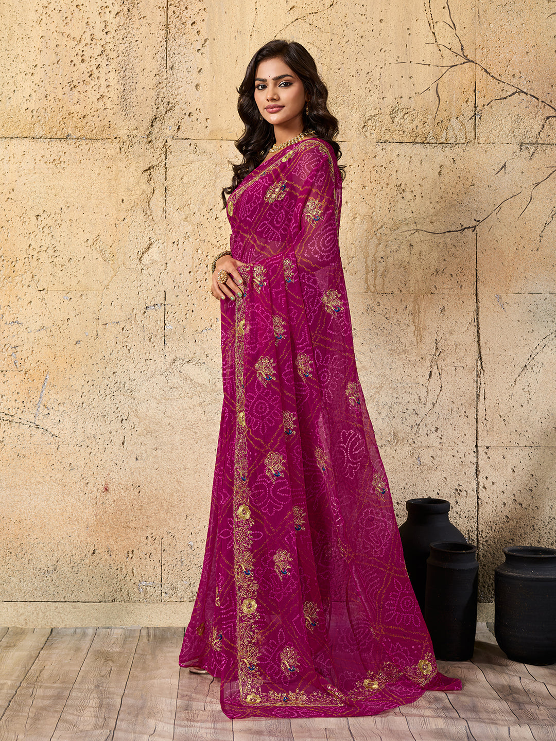 Tanmira latest Royal Pink Bandhani Georgette Saree with Golden Embellishments JAY