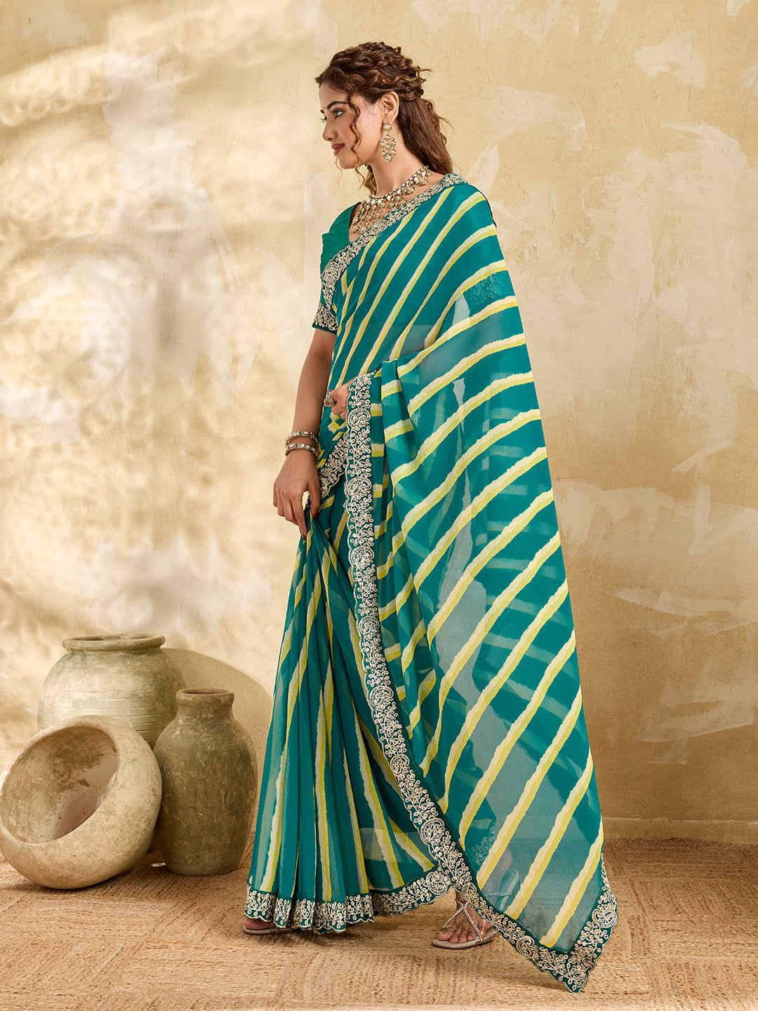 Tanmira New Beautiful Chiffon Leheriya Style With Embroidery Border Work Saree STL