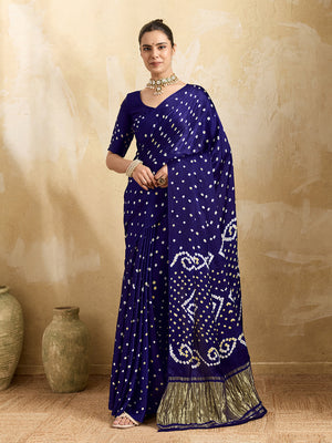 Buy blue saree with bandhani print and lagdi patola pallu