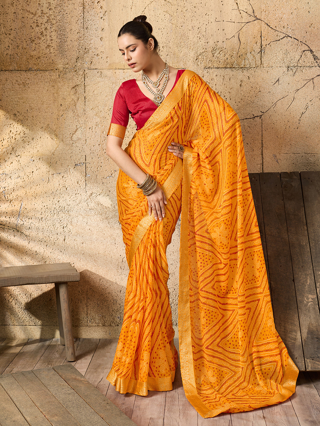 Tanmira Beautiful Moss Chiffon Georgette Bandhani Sarees Yellow