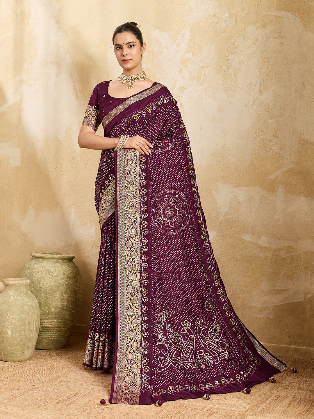 Tanmira Beautiful Viscos Silk Bandhani Print Gotapatti Aaritari work Saree Green GAN