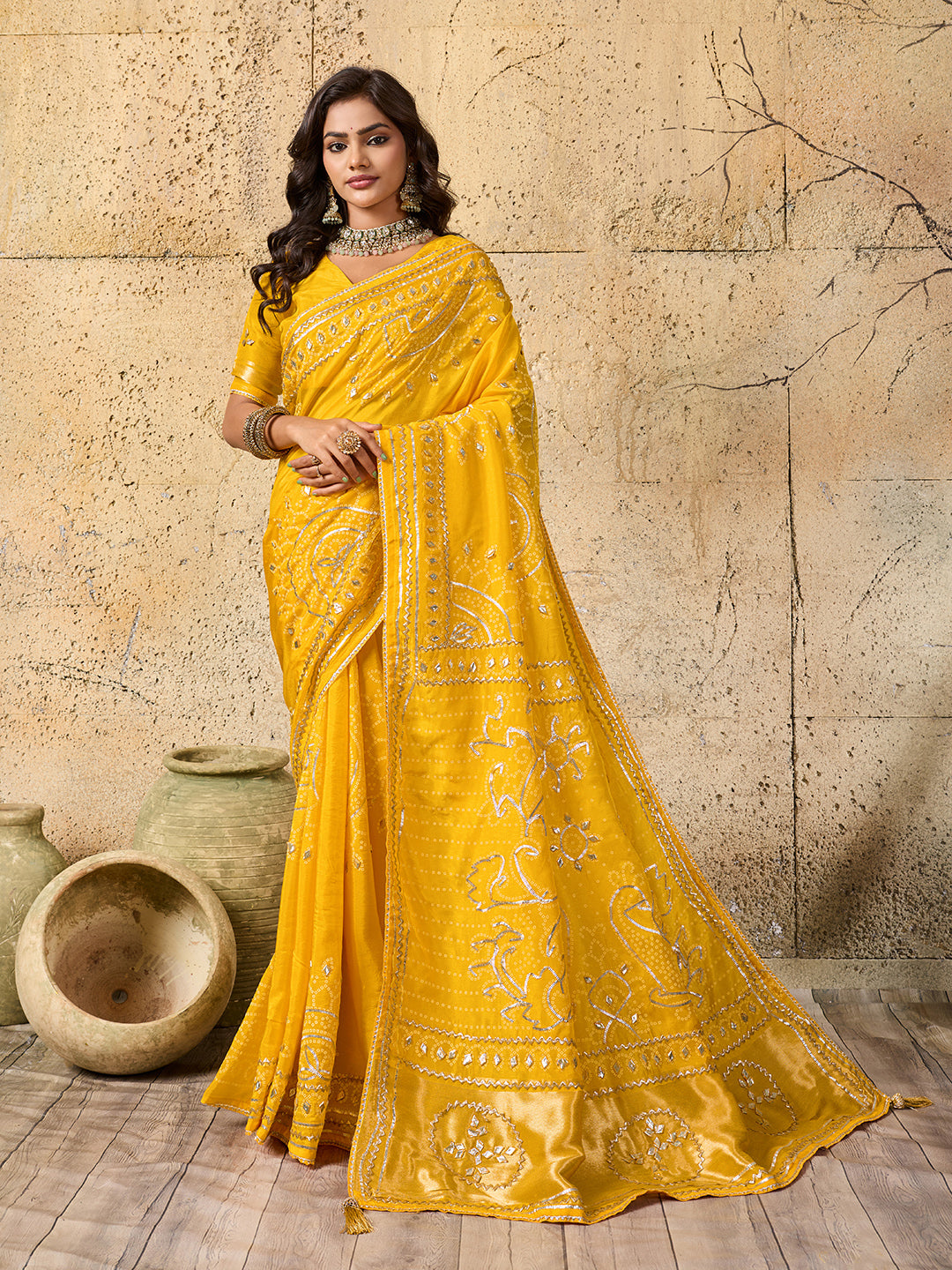 Tanmira Royal Bandhani with Kachha Gota Patti Glow Modal Silk Saree AMT