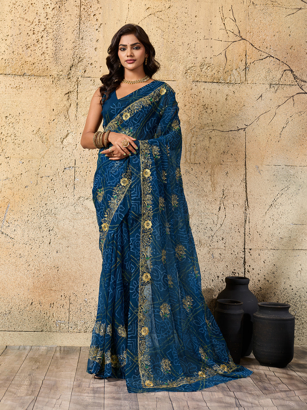 Tanmira New Royal Bandhani Georgette Saree With Golden Embellishments Work JAY