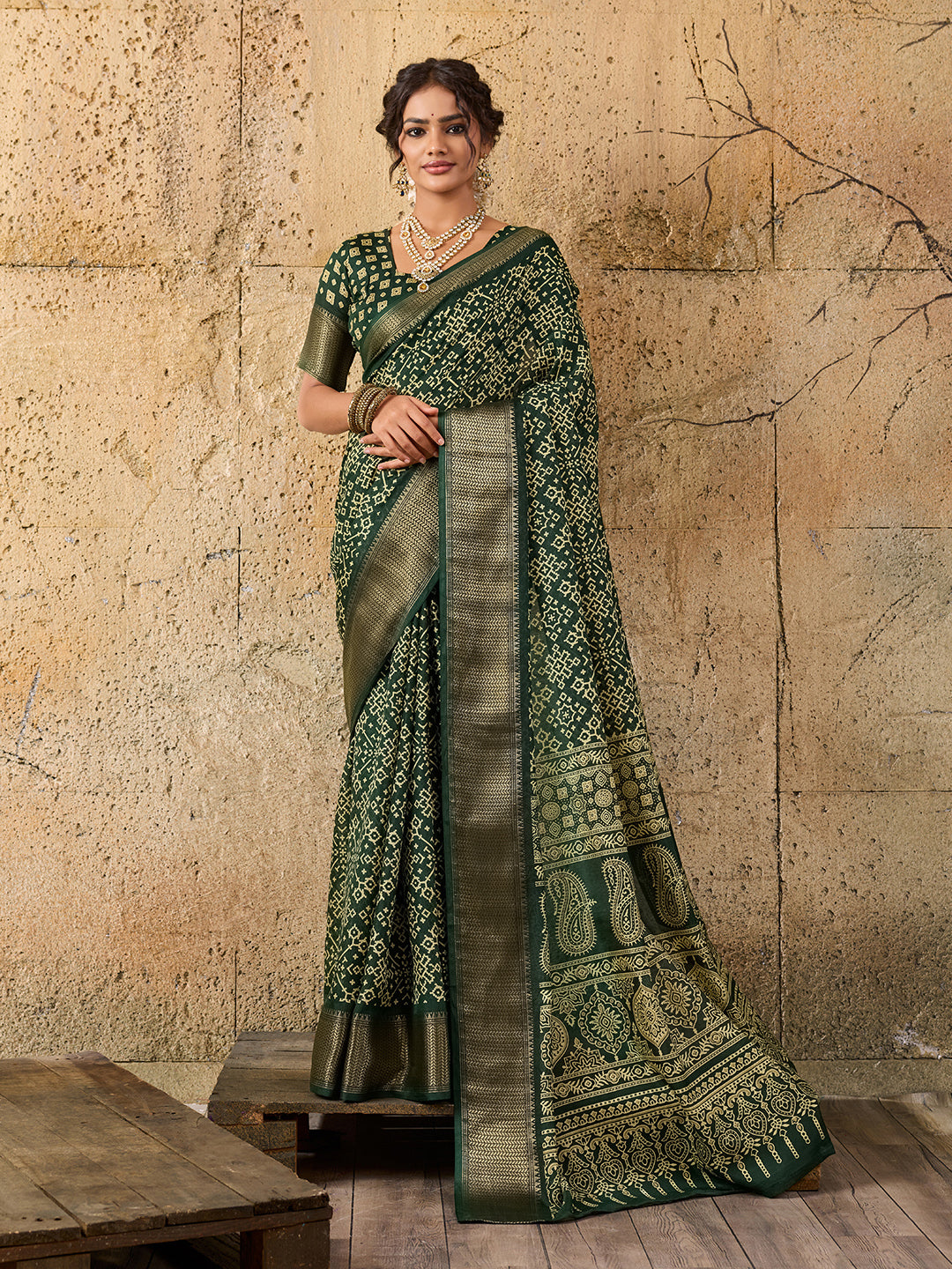 Tanmira New beautiful Cotton silk Ajrakh style With Ajrakh HandPrint Work Saree STL