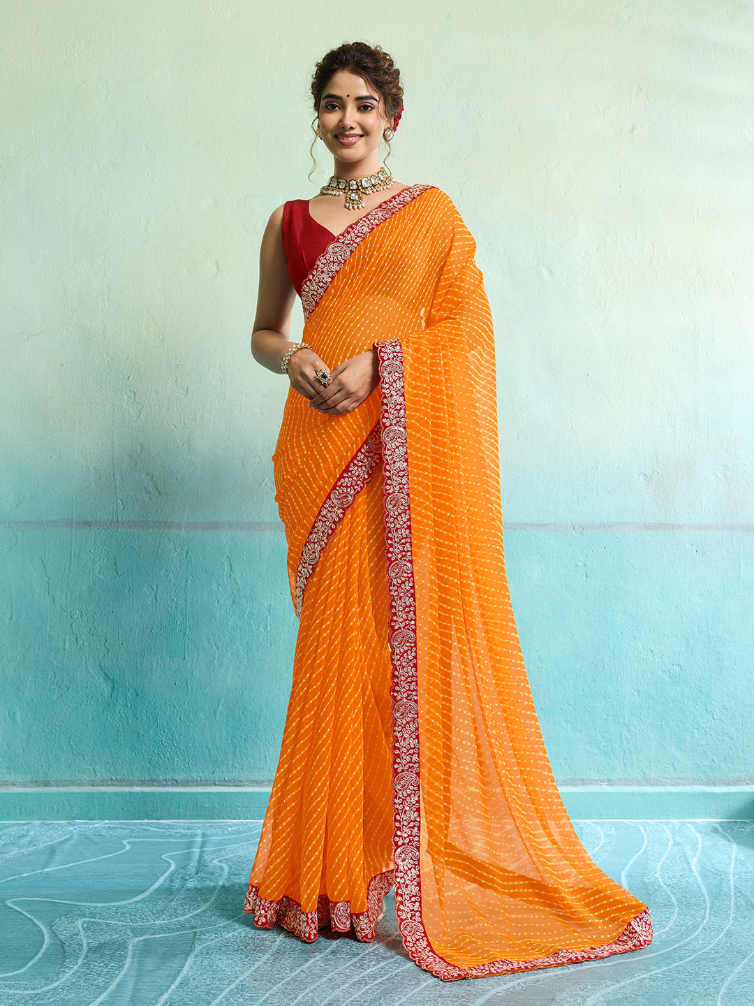 Tanmira New Spiceal Chiffon Leheriya Style With Embroidery Border Work Saree STL