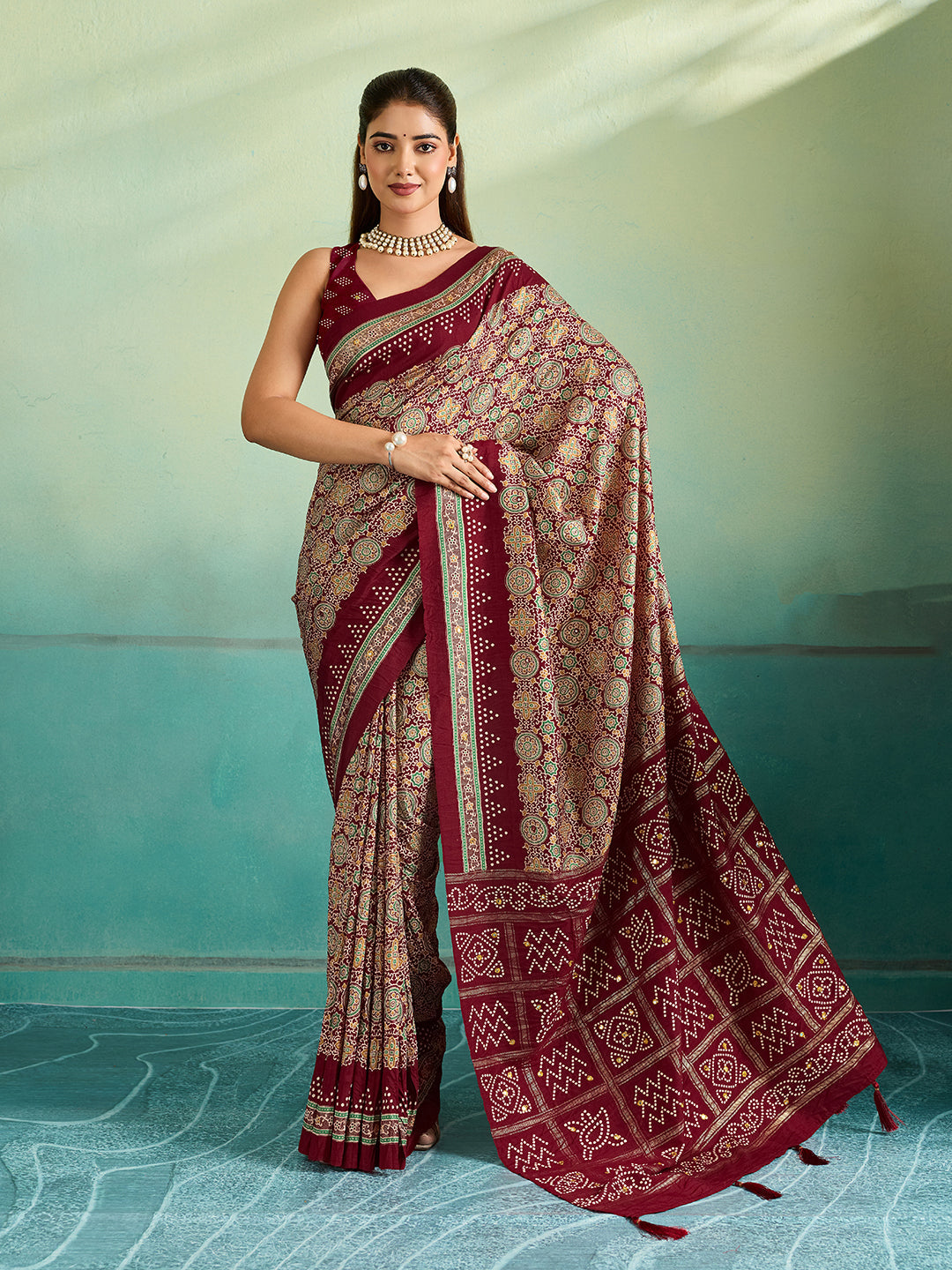 Tanmira Tussar Silk Ajrakh Saree with Aari & Aabla Work STR