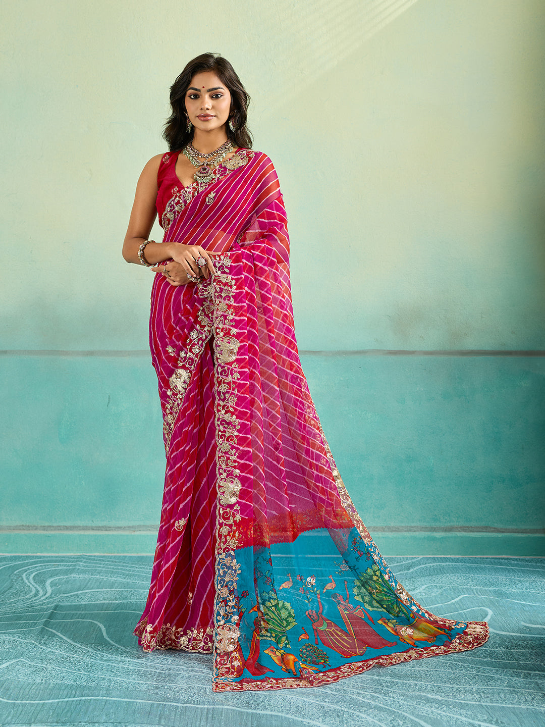 Tanmira New Premium Leheriya Kalamkari Style Saree Crafted in Soft Chiffon Georgette Fabric VND