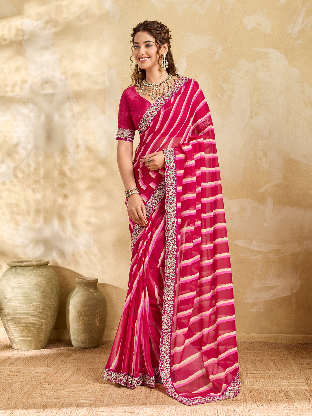 Tanmira New Chiffon Leheriya Style With Embroidery Border Work Saree STL