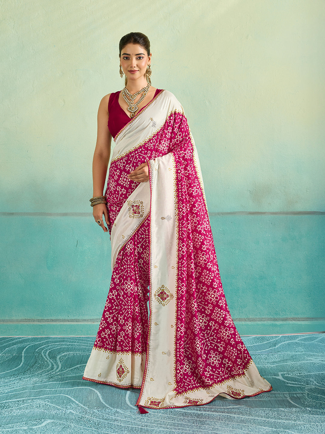 Tanmira New Latest Ajrakh Style Creap Silk Saree with Stone Work Saree STR
