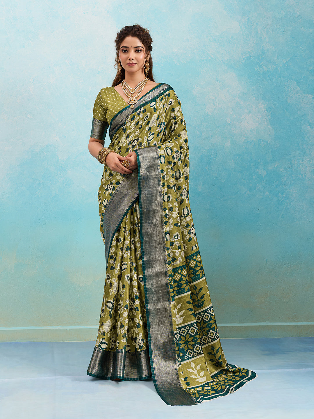 Tanmira New Trendy Cotton Silk Saree with Printed Pattern STL